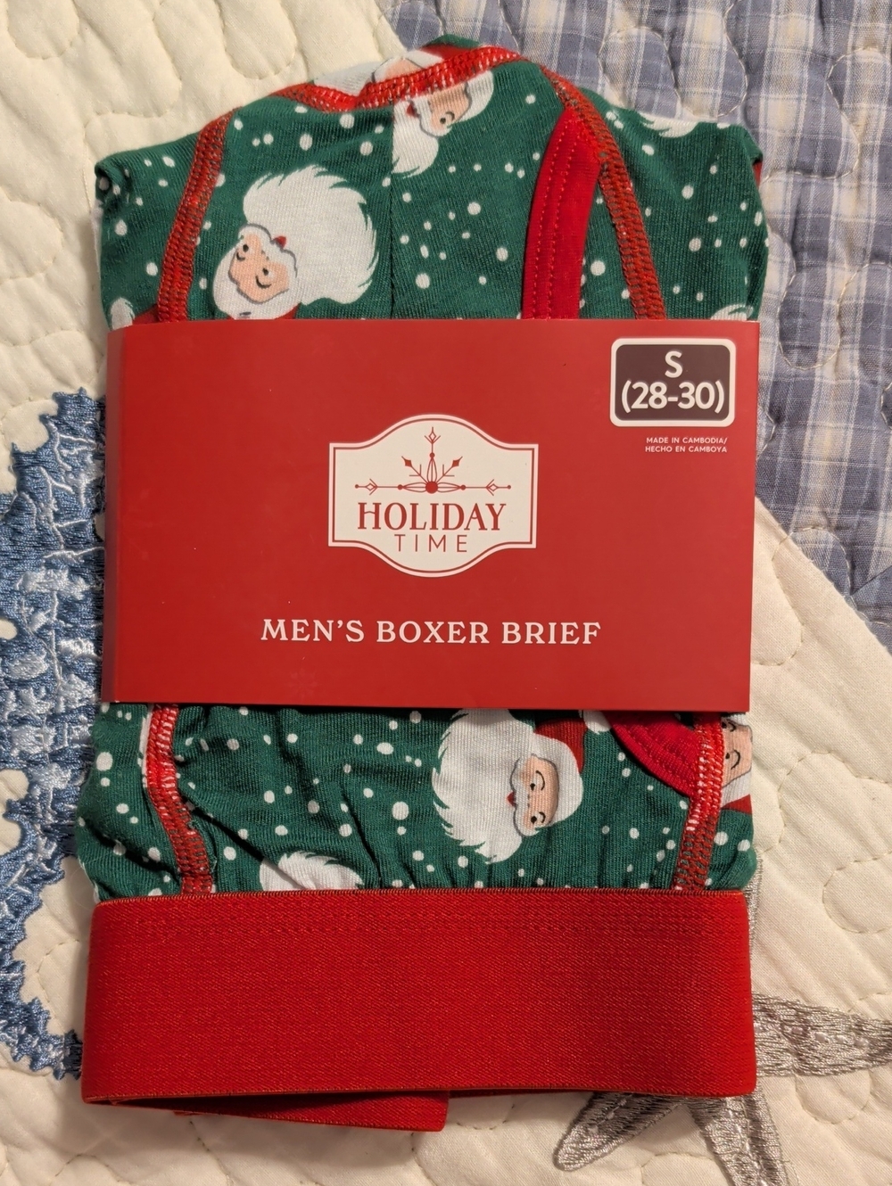 Holiday Time Green Boxer Briefs with Red Trim and Santa Faces